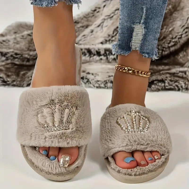 Cozy Home Slippers with Rhinestone Crown