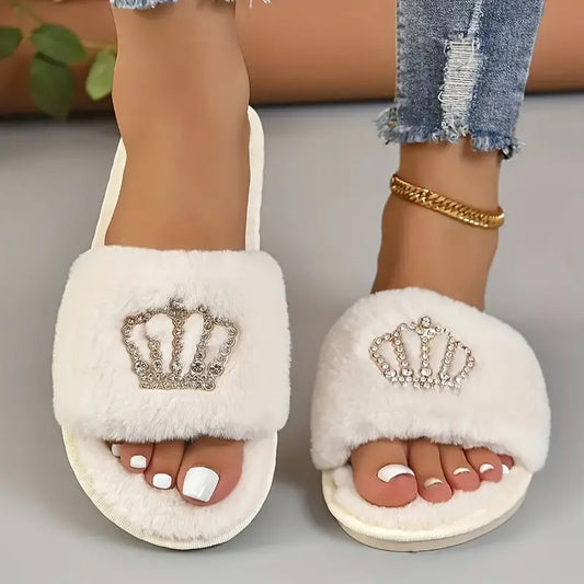 Cozy Home Slippers with Rhinestone Crown